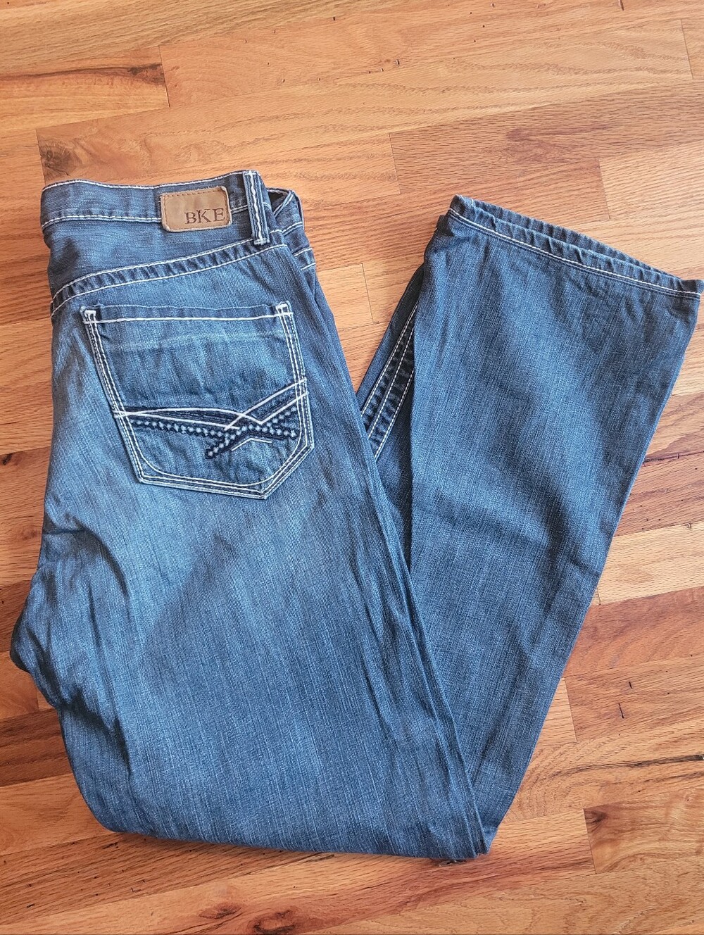 BKE Tyler Straight Jeans Men’s 36x36 Blue Whiskered Contrast Stitch Preppy